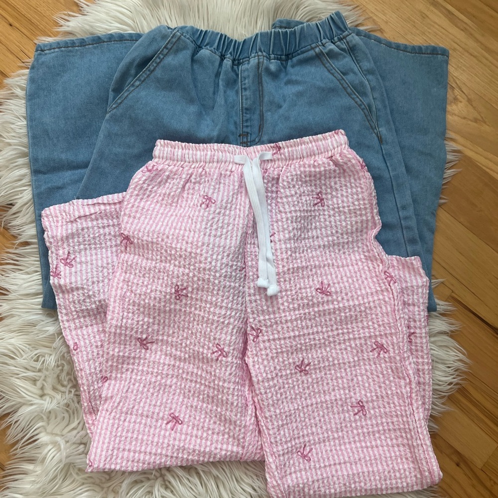 Girls Wide Leg Pants - Light Wash Soft Denim and Seersucker Cotton